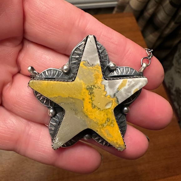 Tia Long Jewelry - Genuine Navajo bumblebee Jasper, Tia, Long handmade Silver Star Pendant Necklace